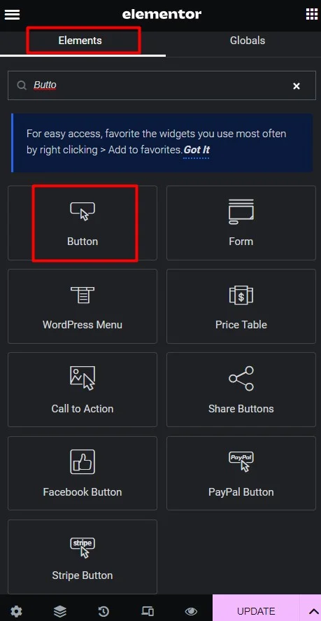 Adding Button From Elementor Elements Menu