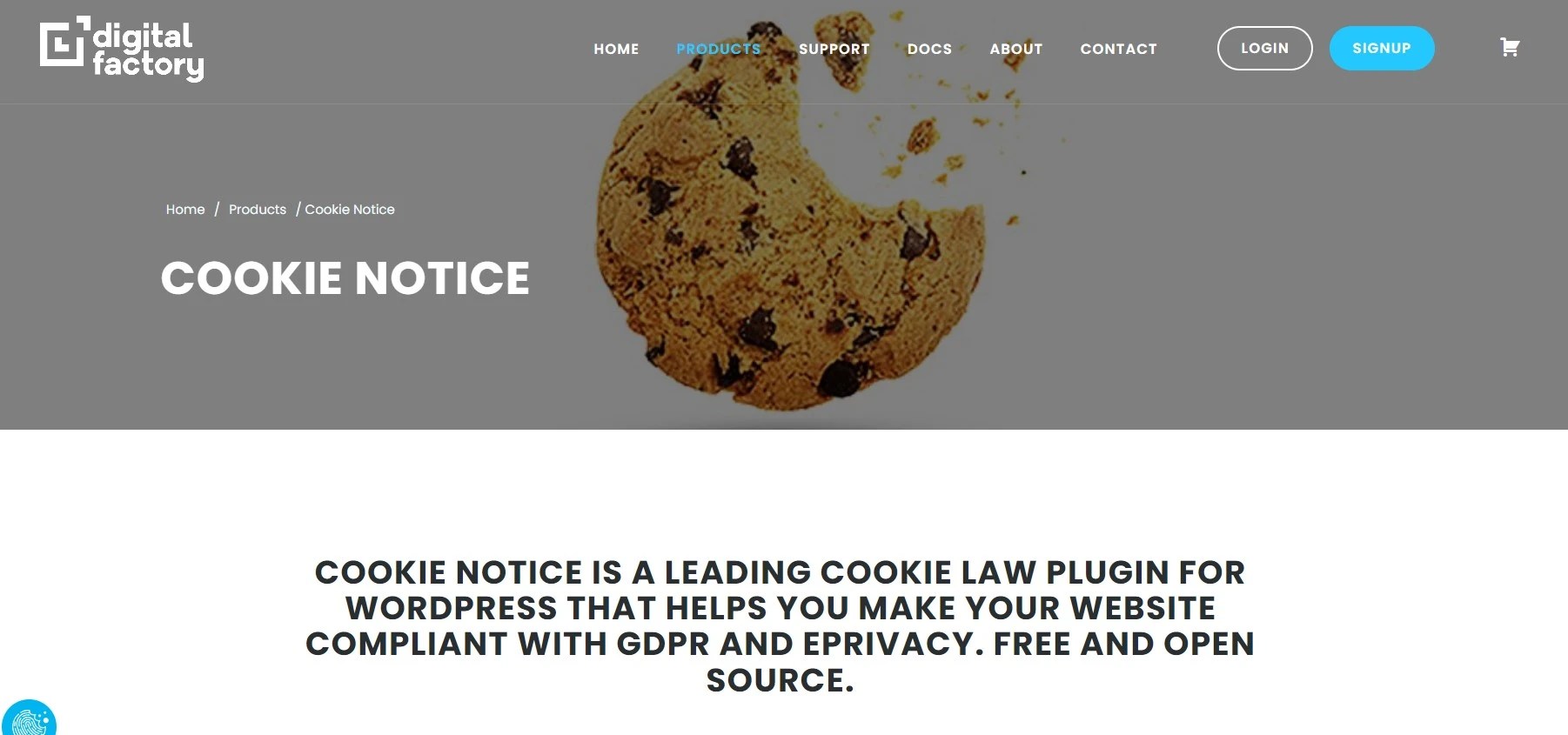 Product page for the Cookie Notice plugin under its earlier Digital Factory branding, with a large bitten chocolate-chip cookie and the line that Cookie Notice is a free and open source cookie law plugin for WordPress