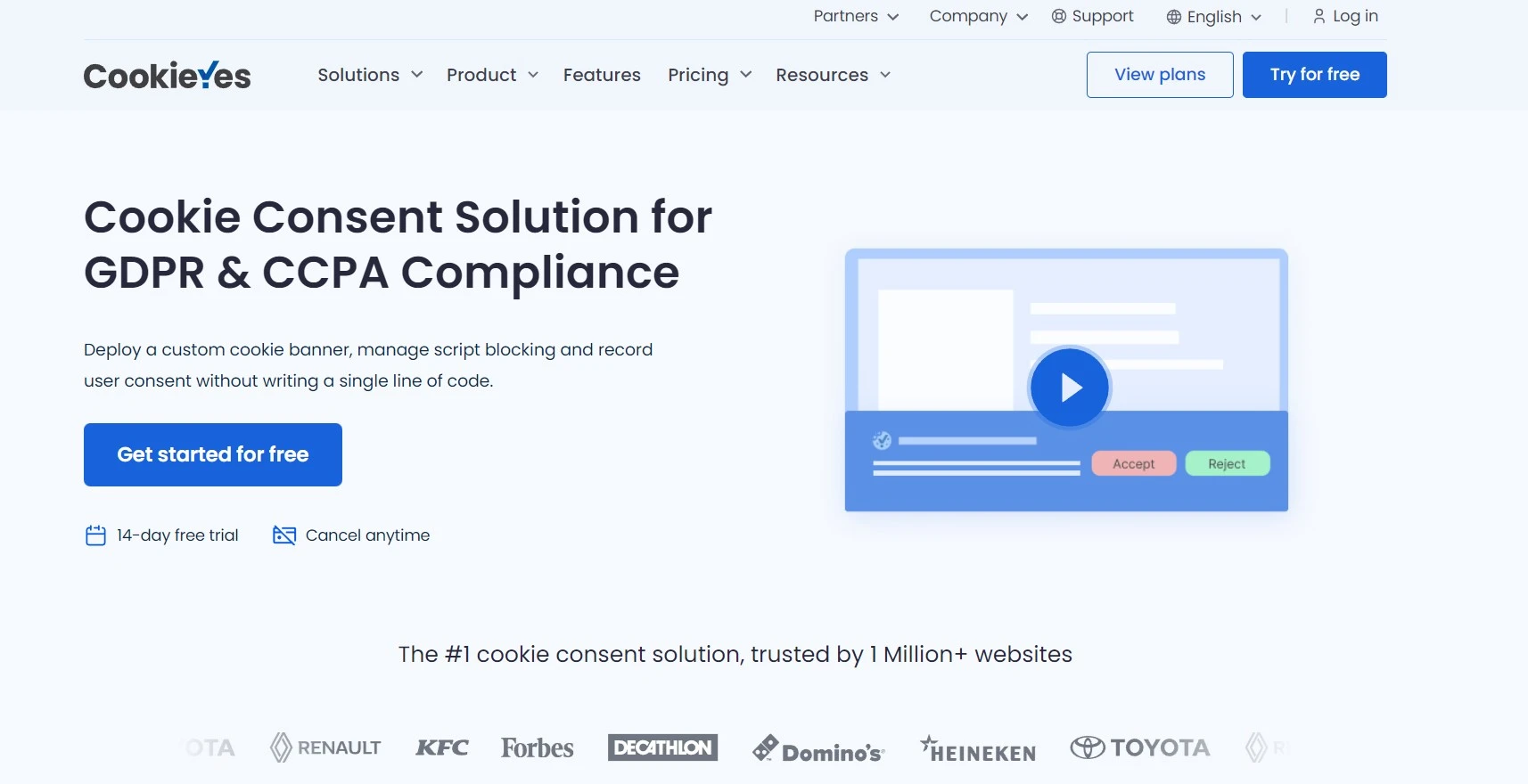 CookieYes homepage headed Cookie Consent Solution for GDPR and CCPA Compliance, with a Get started for free button, a 14-day free trial note, and an illustration of a cookie banner with Accept and Reject buttons