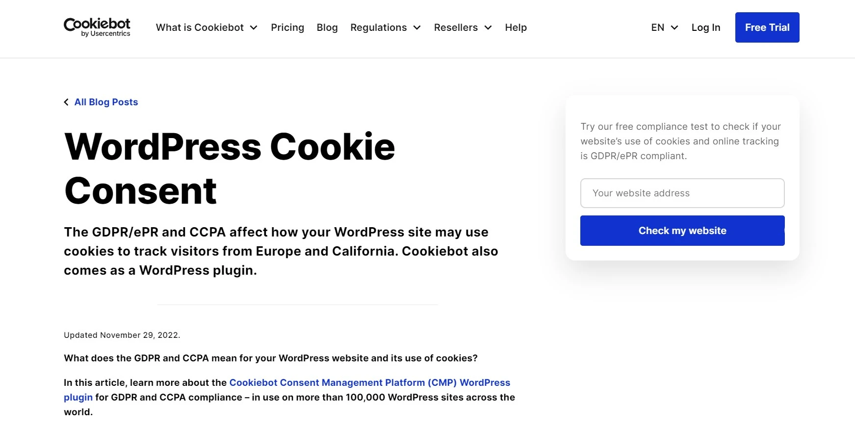 Cookiebot by Usercentrics article page titled WordPress Cookie Consent, with a sidebar form offering a free compliance test where you enter your website address and press Check my website