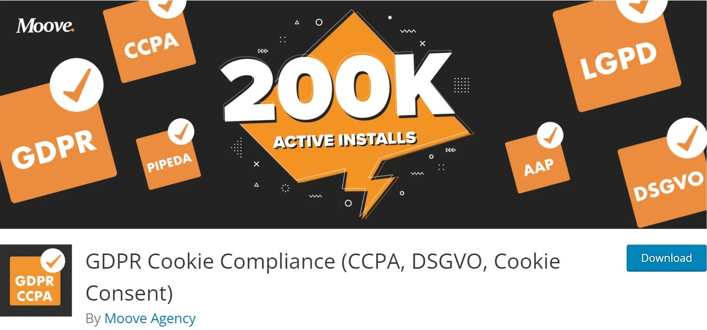 WordPress.org listing for GDPR Cookie Compliance by Moove Agency, with an orange and black header banner surrounded by GDPR, CCPA, PIPEDA, LGPD, AAP and DSGVO tiles