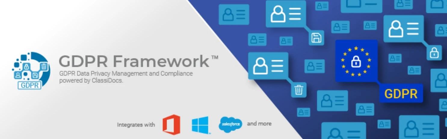 GDPR Framework plugin banner reading GDPR Data Privacy Management and Compliance powered by ClassiDocs, with an EU flag padlock tile and integration logos for Office, Windows and Salesforce