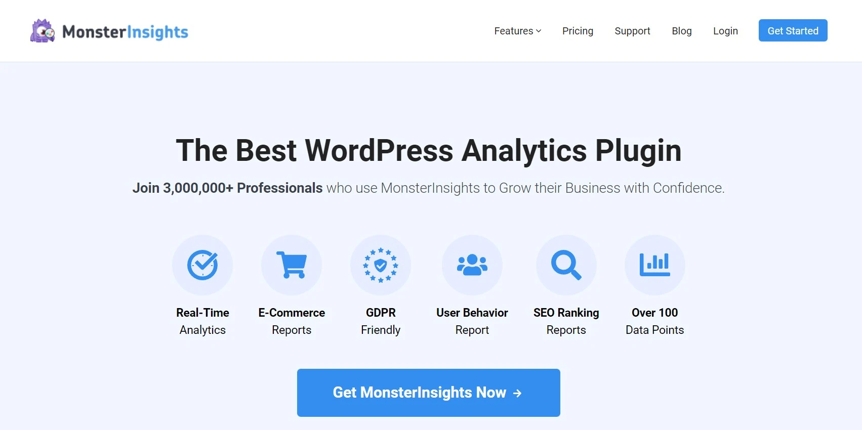 MonsterInsights homepage headed The Best WordPress Analytics Plugin, with feature icons for real-time analytics, e-commerce reports, GDPR friendly, user behaviour, SEO rankings and over 100 data points