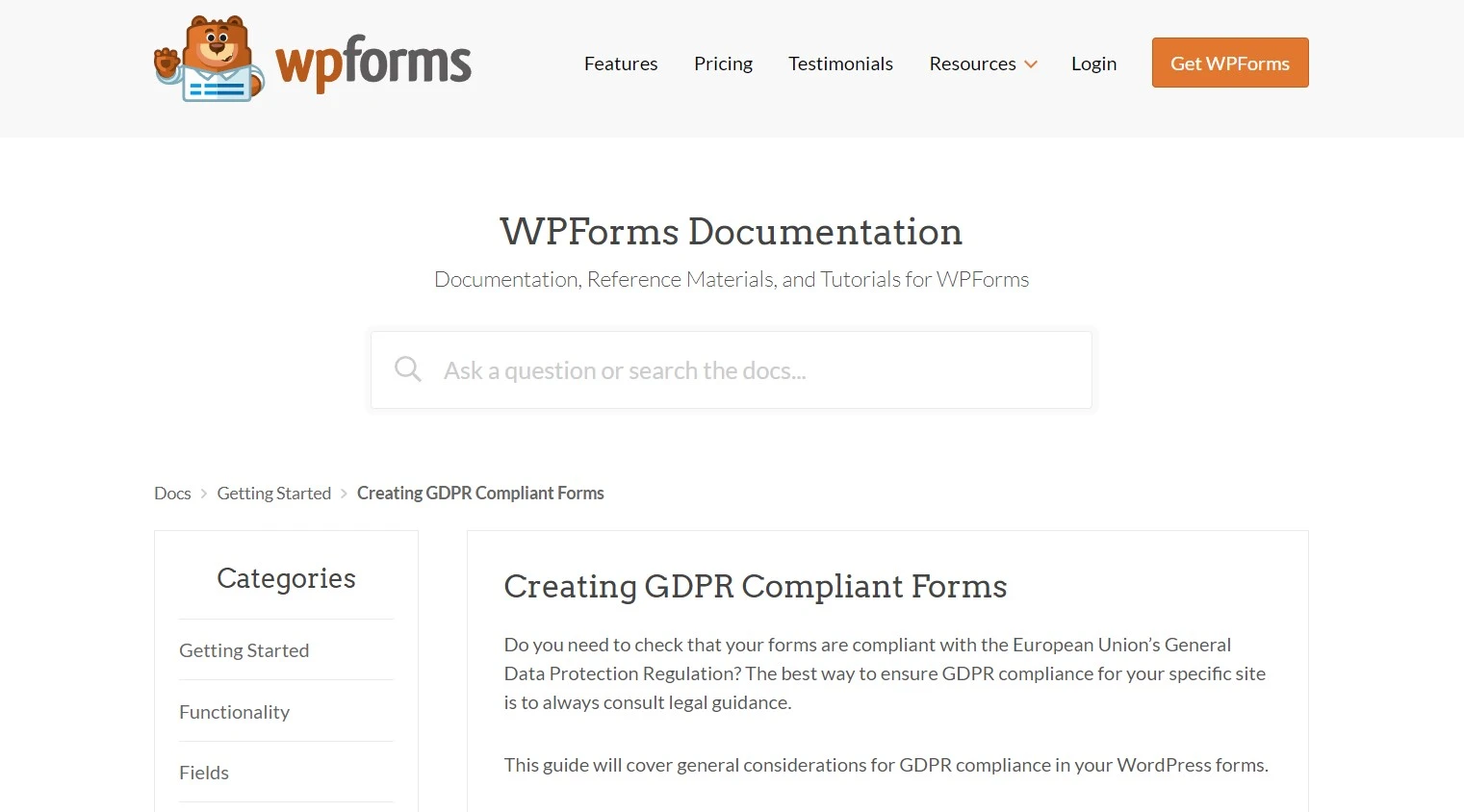 WPForms documentation article titled Creating GDPR Compliant Forms, opening with advice that the best way to ensure GDPR compliance for your specific site is to always consult legal guidance