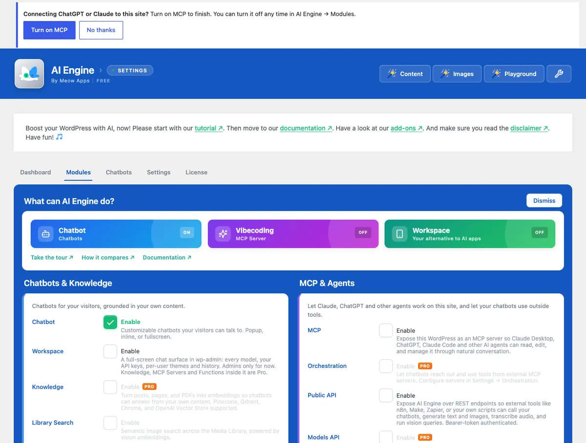 AI Engine Modules screen with the MCP module unticked by default and Pro-only Orchestration and Models API options