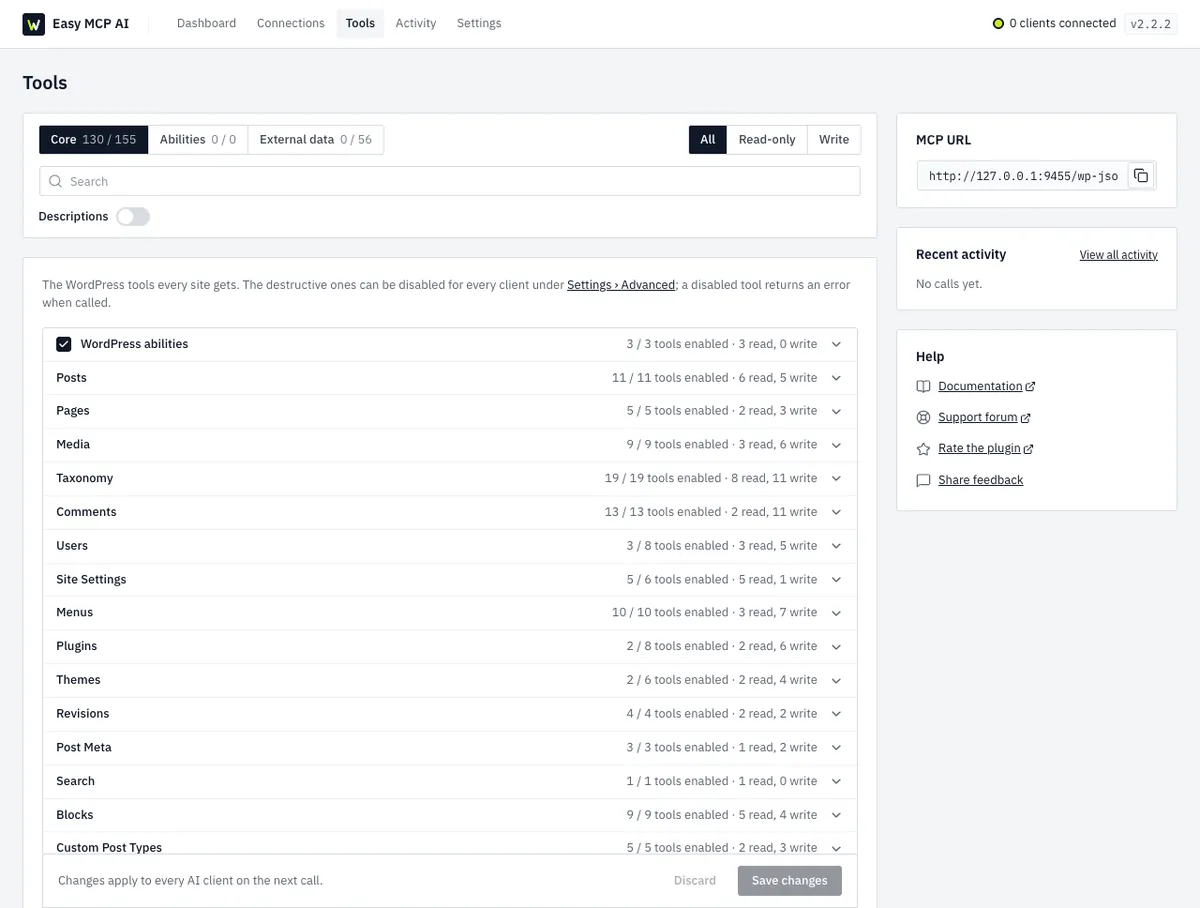 Easy MCP AI Tools screen on a fresh install showing 130 of 155 core tools enabled and the external data tools switched off