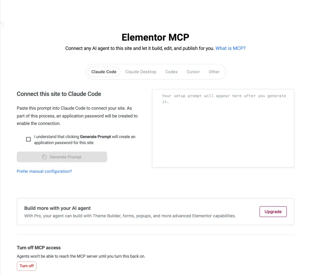 Elementor MCP connection screen in free Elementor 4.3.5 with tabs for Claude Code, Claude Desktop, Codex, Cursor and Other
