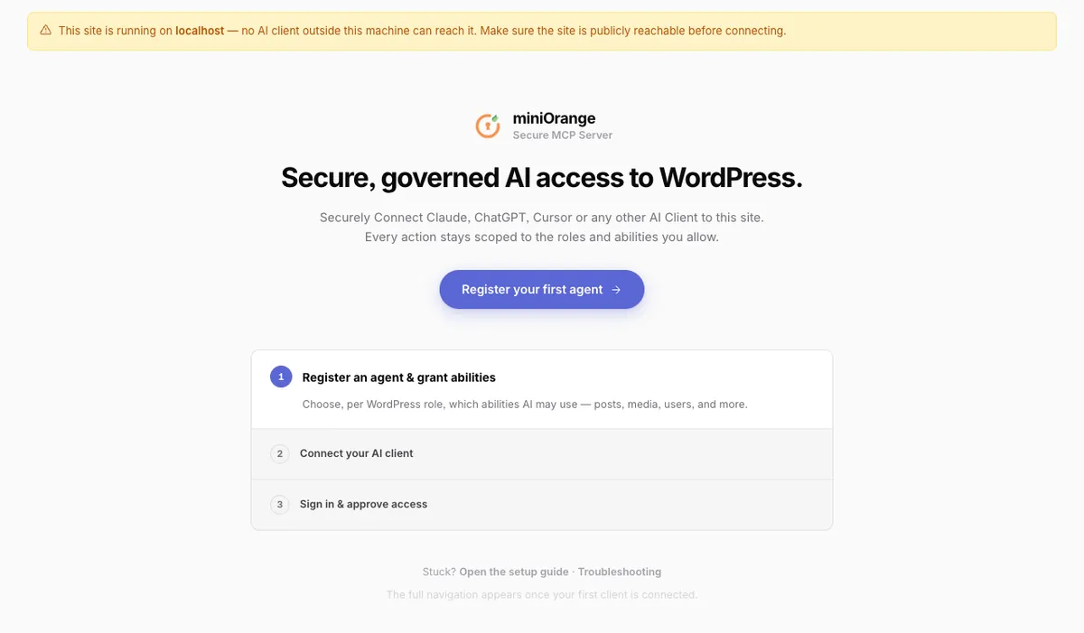 miniOrange Secure MCP Server first-run screen asking you to register an agent and grant abilities per WordPress role