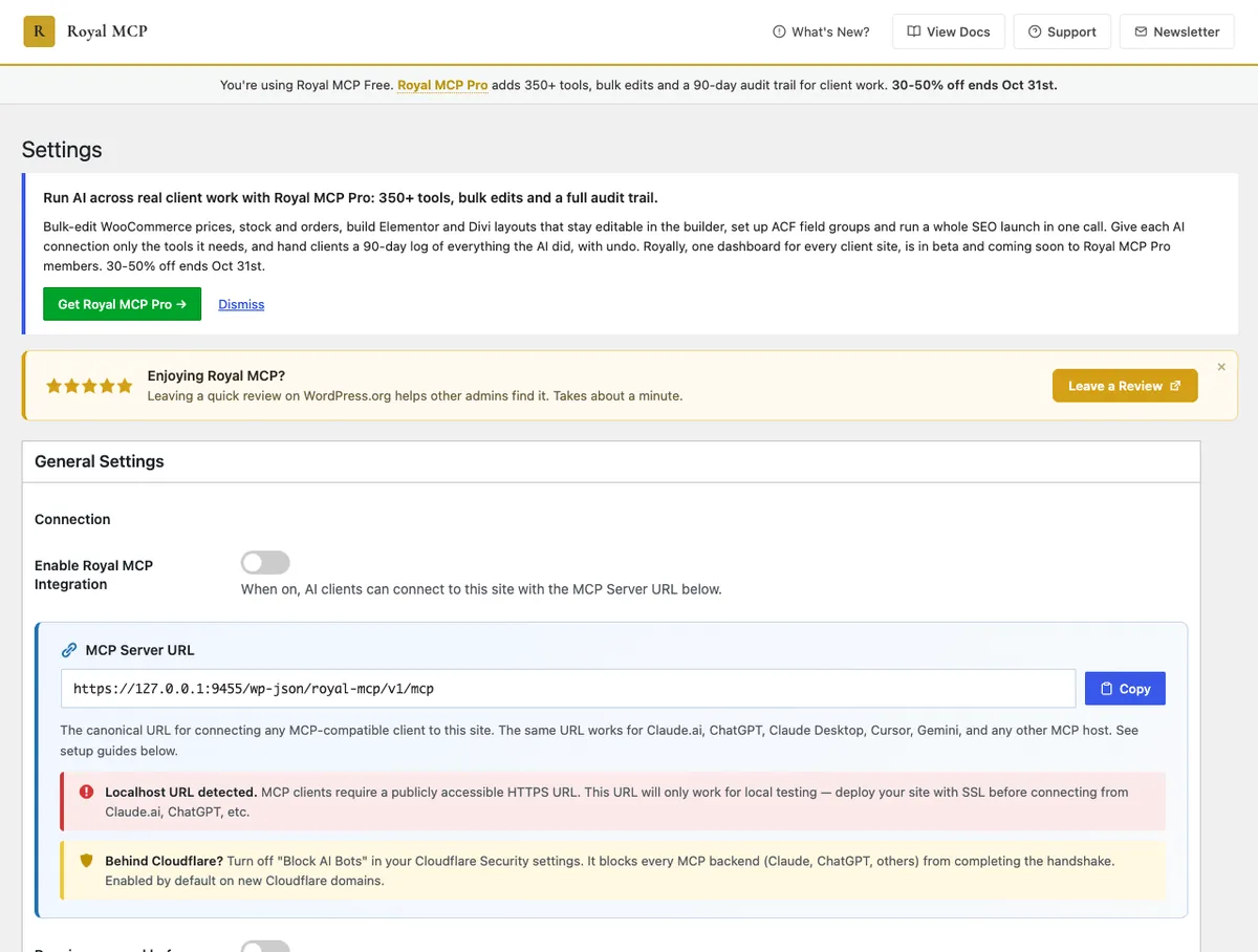 Royal MCP settings on a fresh install with the integration toggle off, the MCP server URL and a Cloudflare Block AI Bots warning
