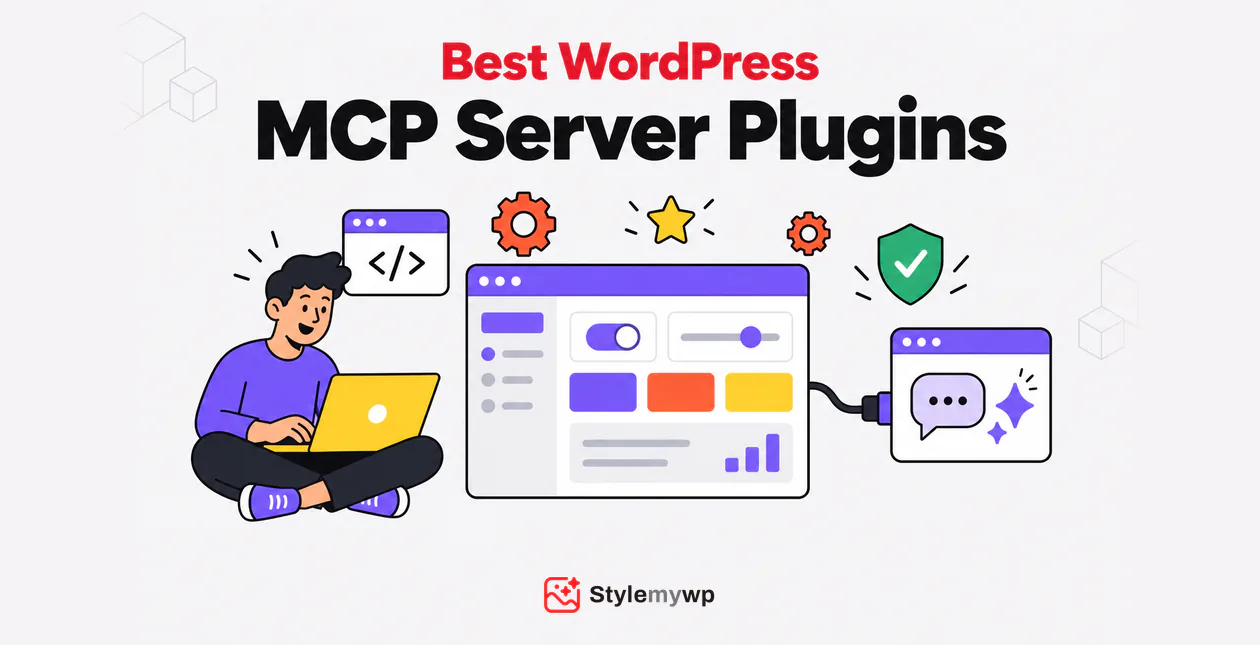 Best WordPress MCP Server Plugins: a developer on a laptop connected to a WordPress dashboard and an AI chat window